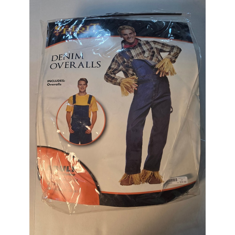 Spirit Halloween Adult Denim Overalls Costume Blue Farmer Scarecrow Size Large